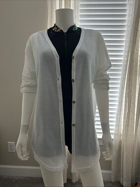 Lightweight White Open-Knit Button Cardigan Sweater Size L